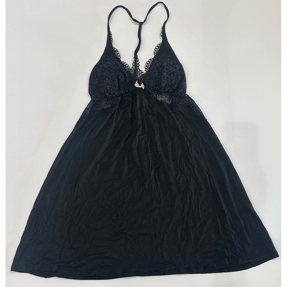 Victoria's Secret Black Lace Trim Chemise Nightgown Racerback Babydoll NWT M